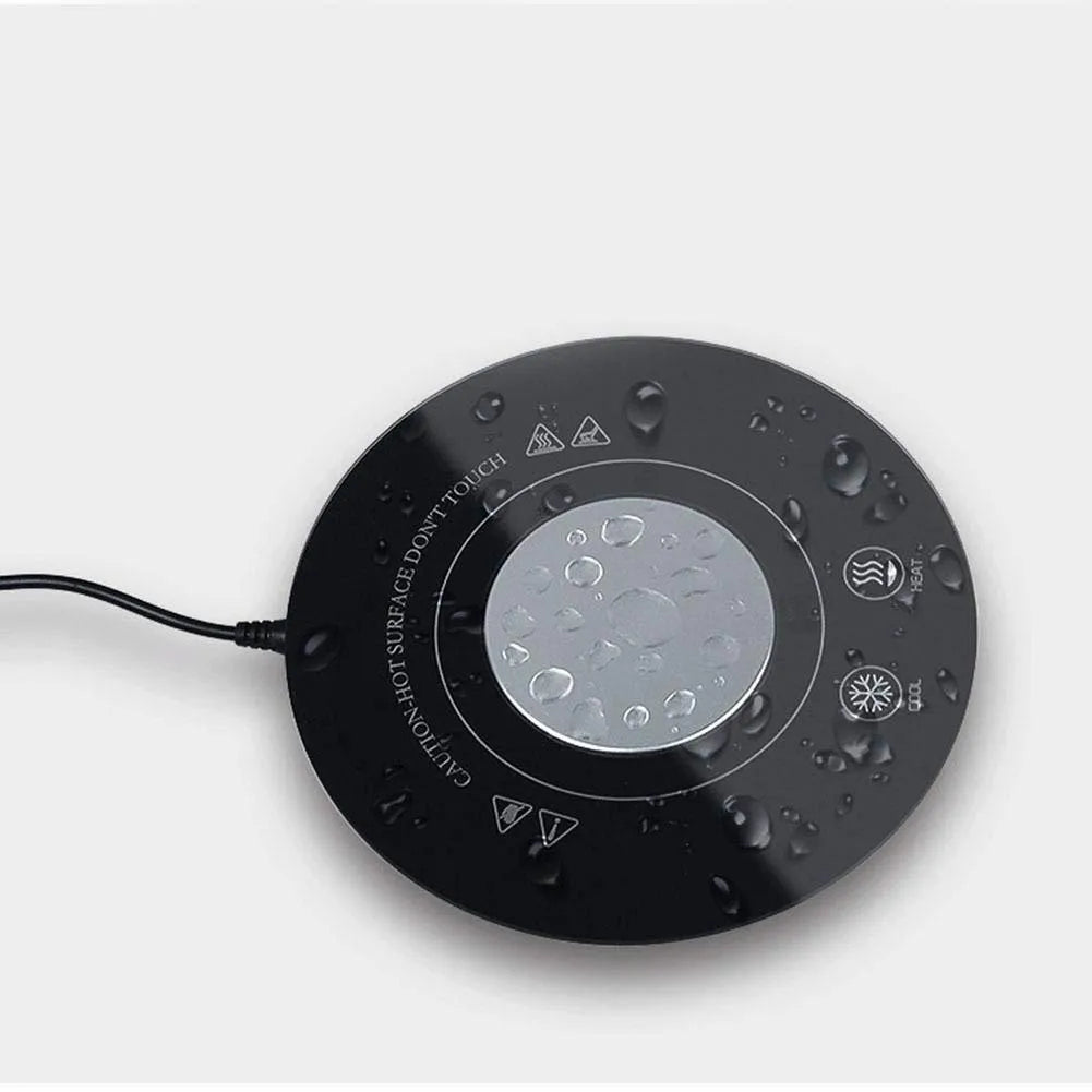 Black and white hot and cold coaster with USB cable for beverage temperature control