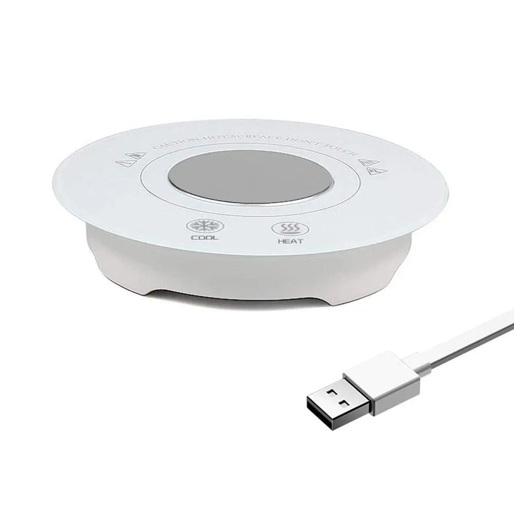 Black and white hot and cold coaster with USB cable for beverage temperature control