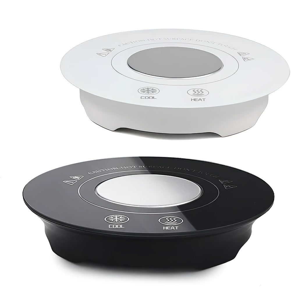 Black and white hot and cold coaster with USB cable for beverage temperature control