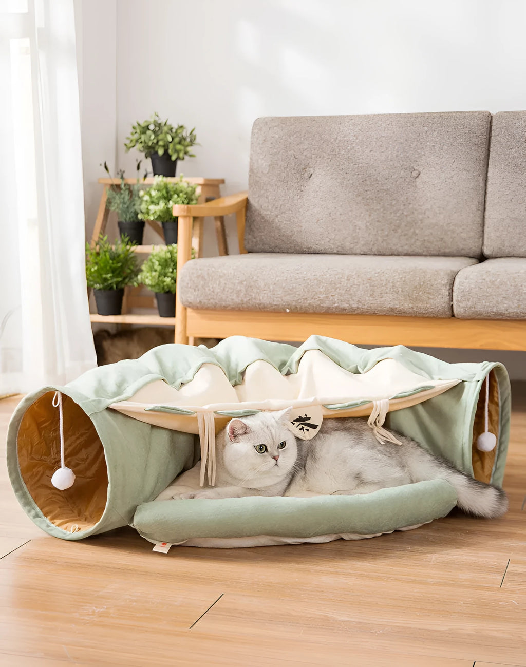 Collapsible cloth cat tunnel in choice of bar, coffee, matcha, or pink colours, shown folded and unfolded