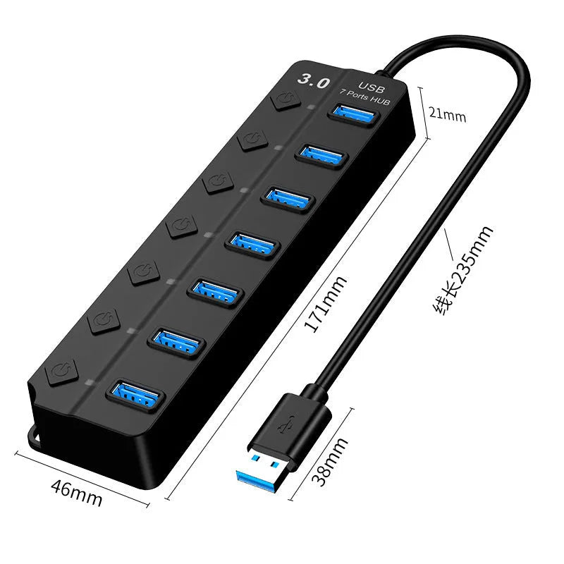 Black 7-port USB 3.0 hub with individual power switches and external power adapter