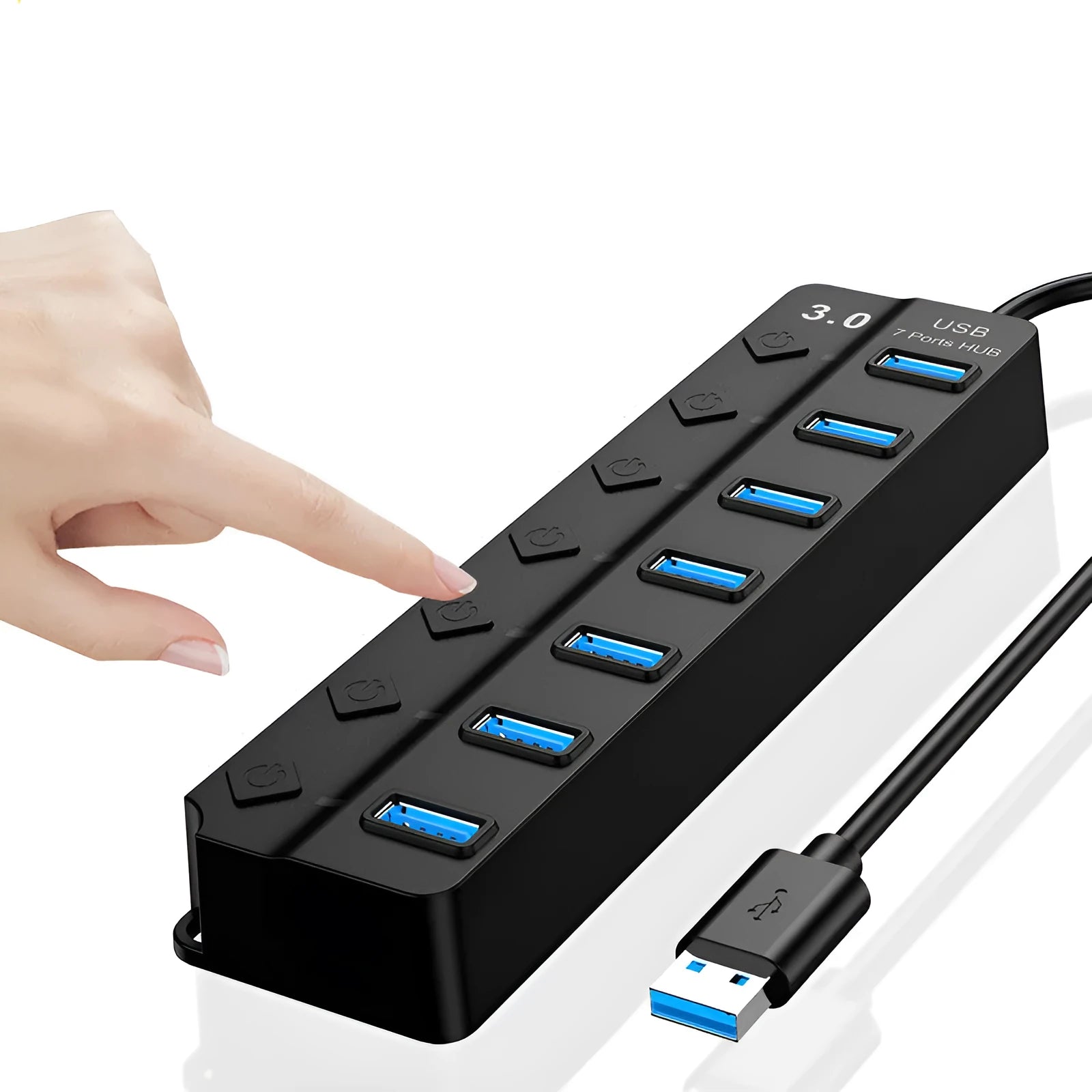 Black 7-port USB 3.0 hub with individual power switches and external power adapter