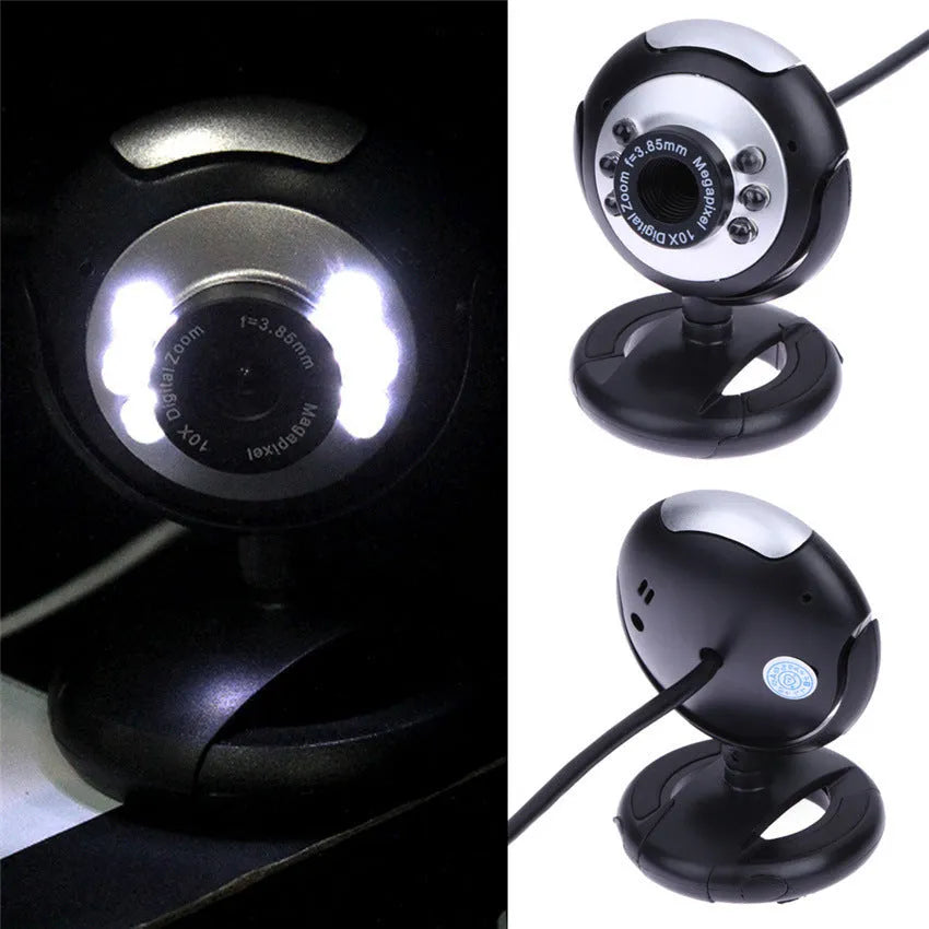 USB computer webcam with ring of six built-in LED lights around the lens