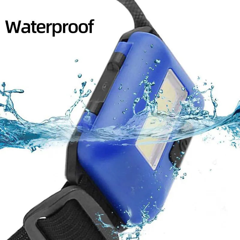 Compact blue outdoor LED headlamp with an adjustable black polyester strap, showing the COB bulb and control button.