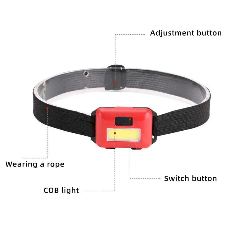 Compact blue outdoor LED headlamp with an adjustable black polyester strap, showing the COB bulb and control button.