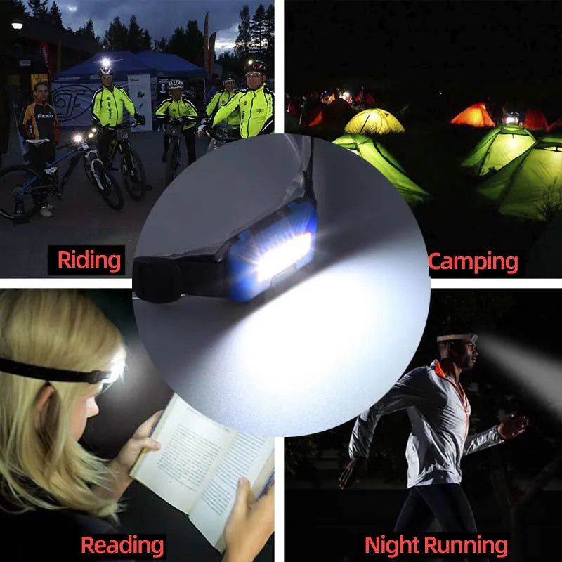 Compact blue outdoor LED headlamp with an adjustable black polyester strap, showing the COB bulb and control button.