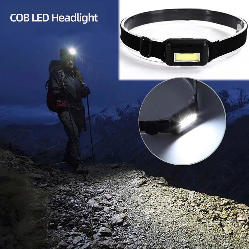Compact blue outdoor LED headlamp with an adjustable black polyester strap, showing the COB bulb and control button.