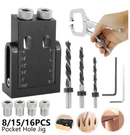 Black aluminium woodworking dowelling jig with drill bits and sleeves for precise hole alignment.