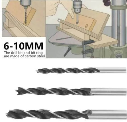 Black aluminium woodworking dowelling jig with drill bits and sleeves for precise hole alignment.