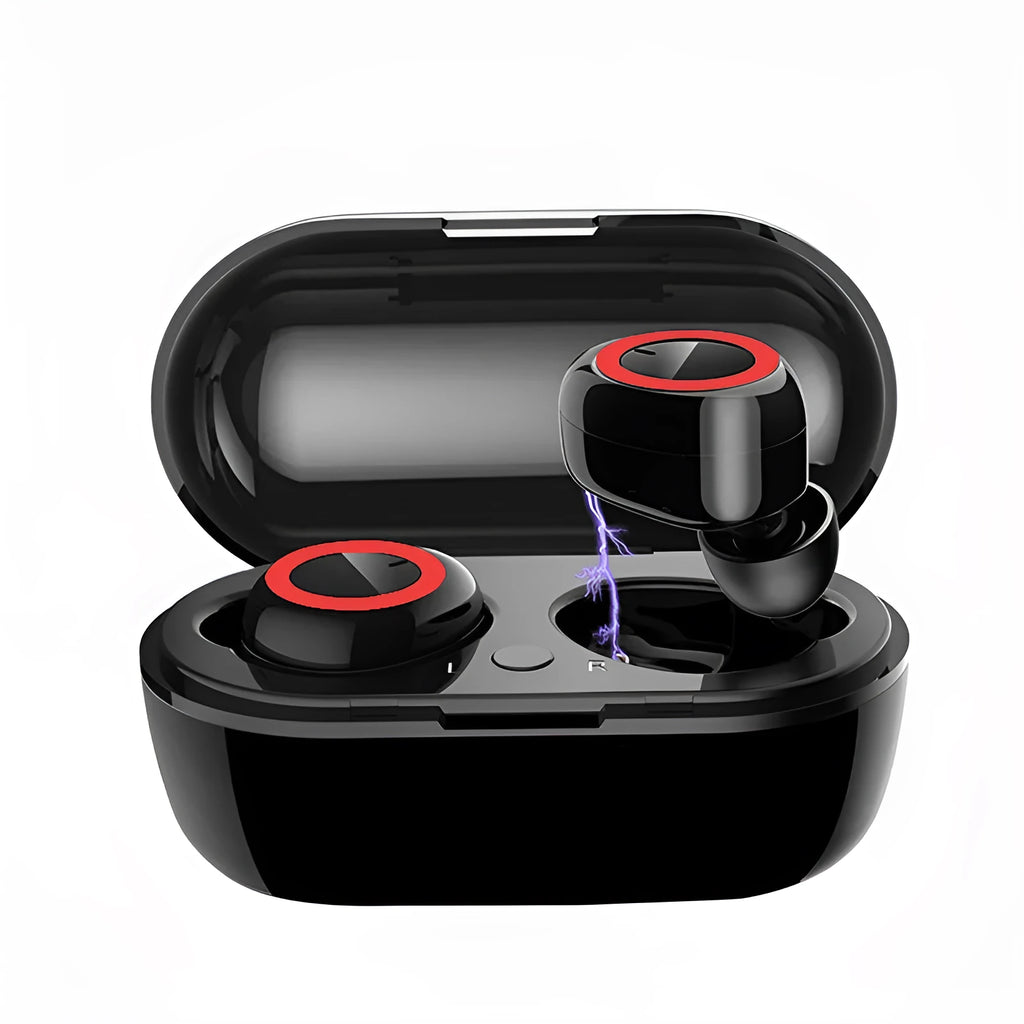 True wireless Bluetooth earbuds in black with red accent, showing earplug design with no connecting cable