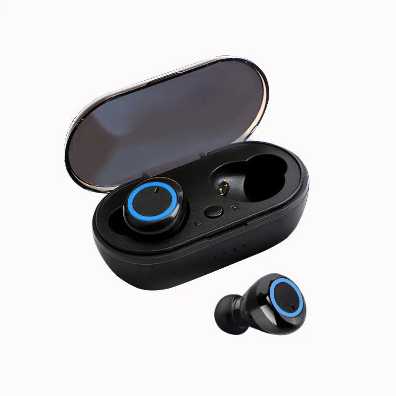 True wireless Bluetooth earbuds in black with red accent, showing earplug design with no connecting cable