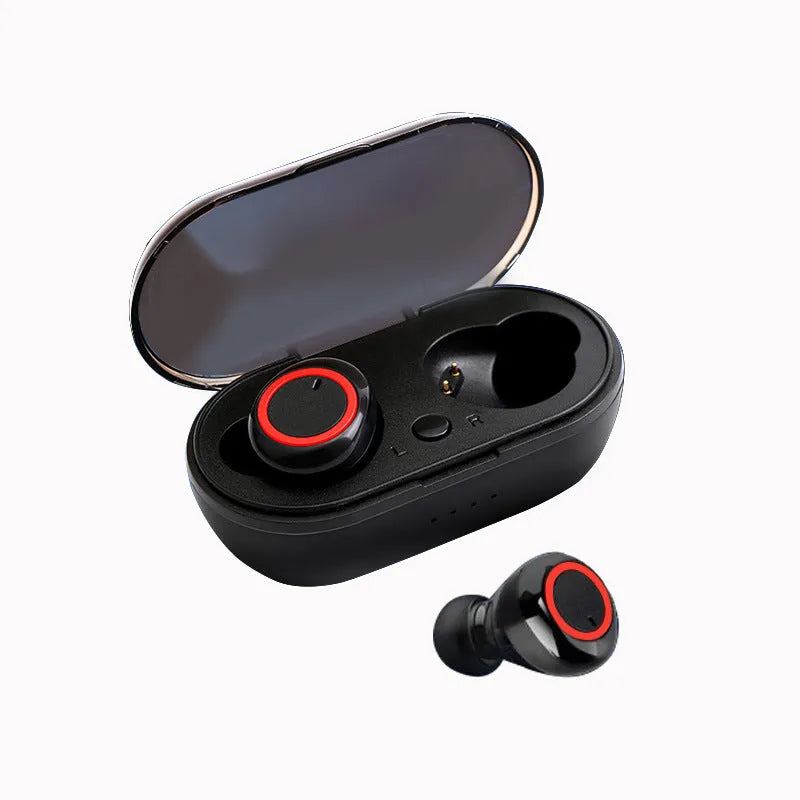 True wireless Bluetooth earbuds in black with red accent, showing earplug design with no connecting cable