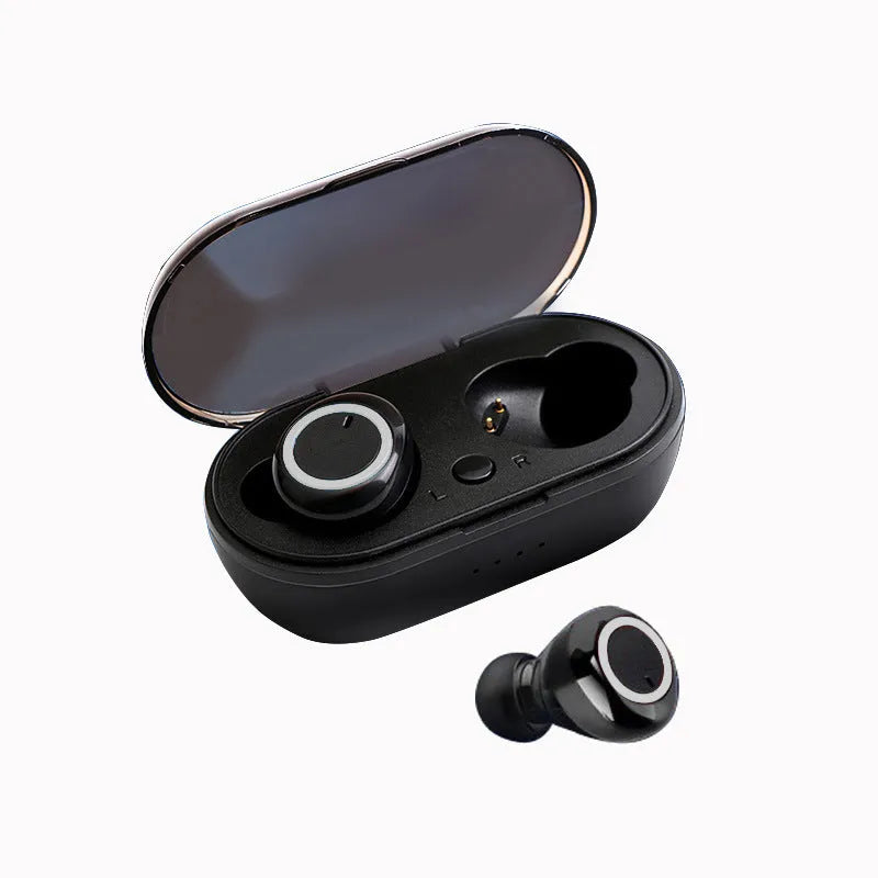 True wireless Bluetooth earbuds in black with red accent, showing earplug design with no connecting cable