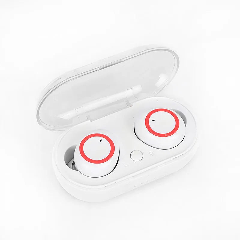 True wireless Bluetooth earbuds in black with red accent, showing earplug design with no connecting cable
