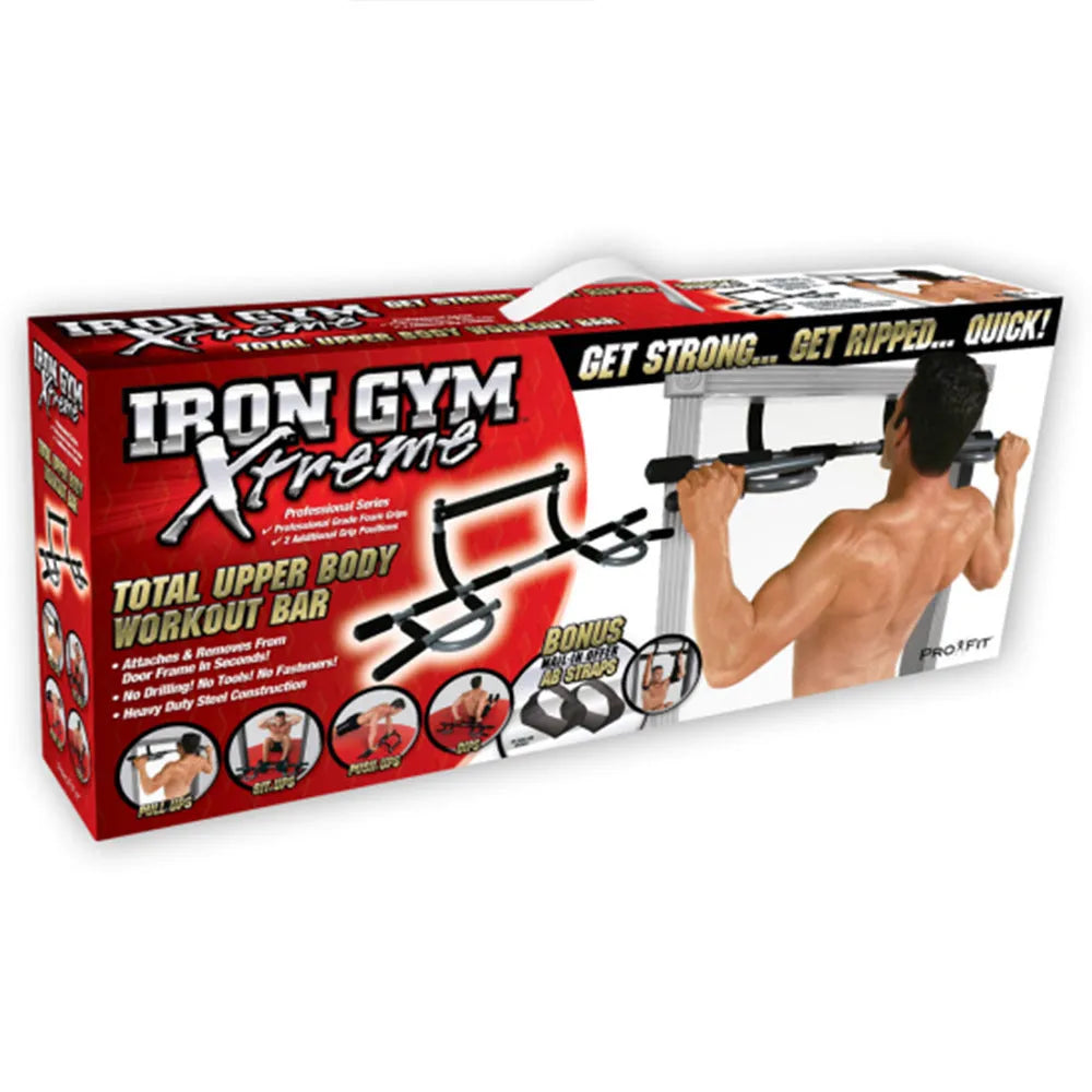 Black indoor pull-up bar fitness equipment with steel construction and tension bar