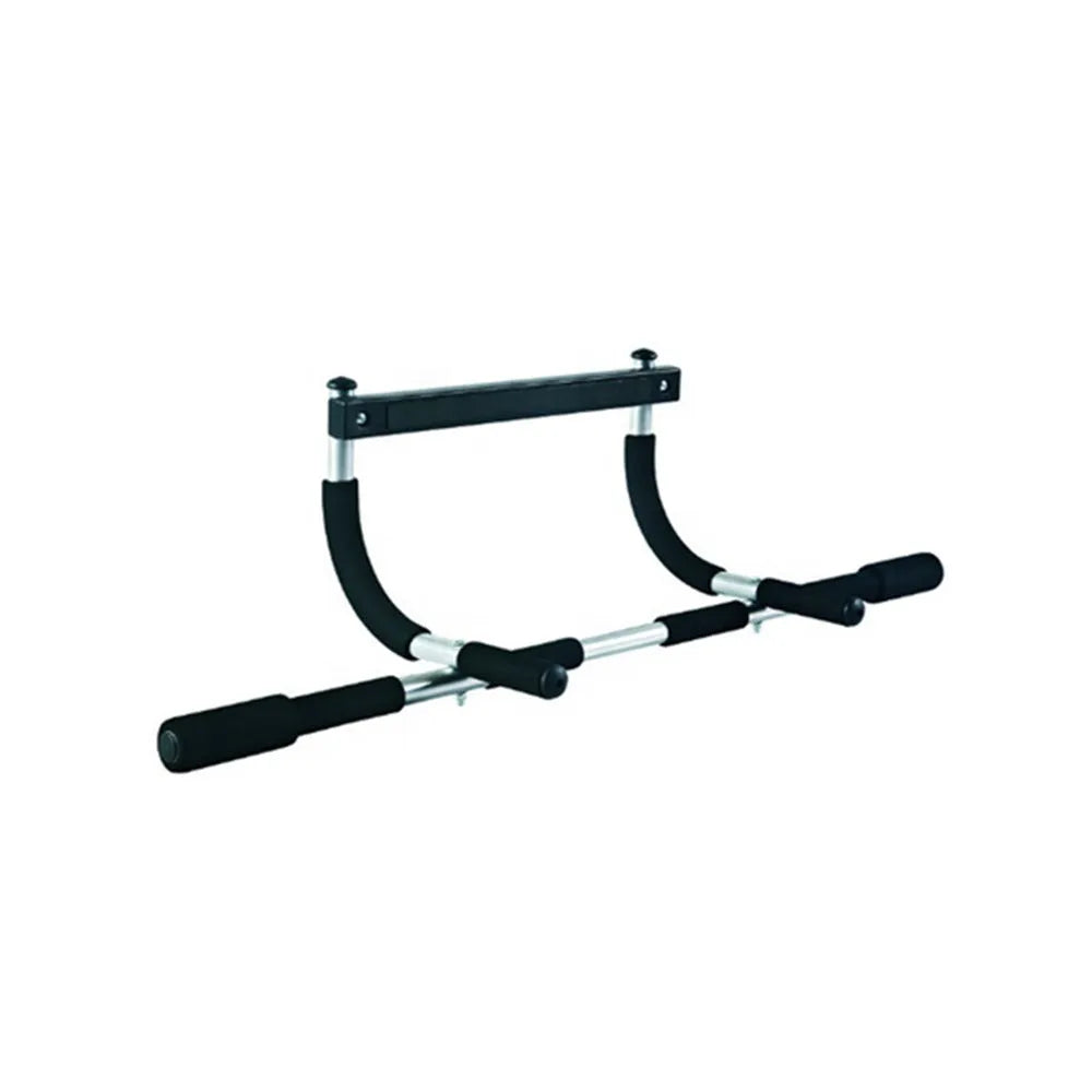 Black indoor pull-up bar fitness equipment with steel construction and tension bar