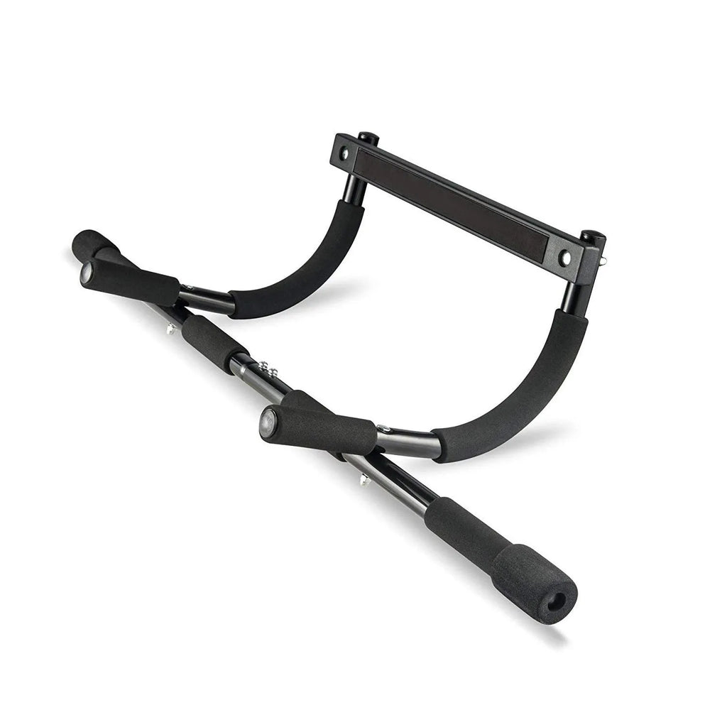 Black indoor pull-up bar fitness equipment with steel construction and tension bar