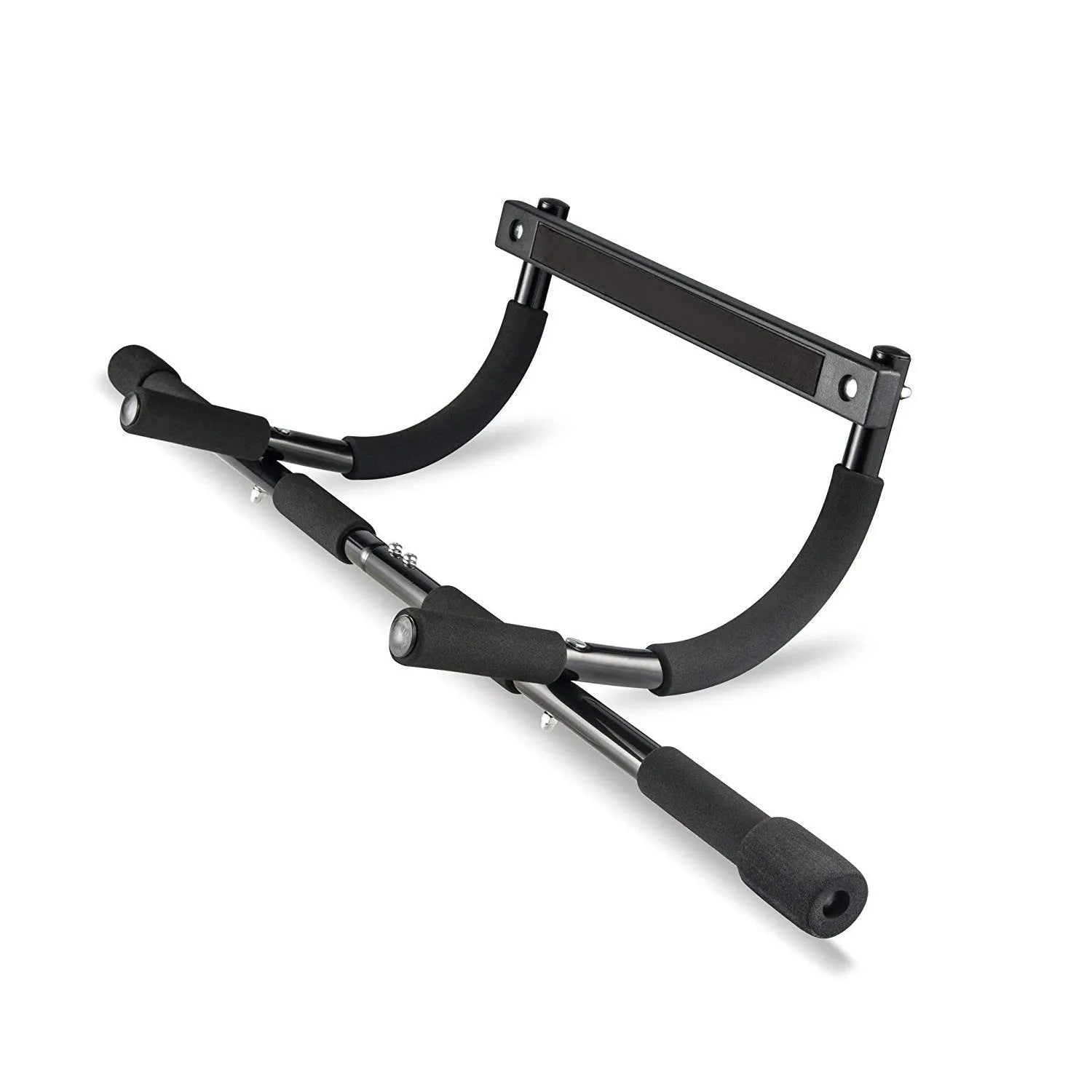 Black indoor pull-up bar fitness equipment with steel construction and tension bar