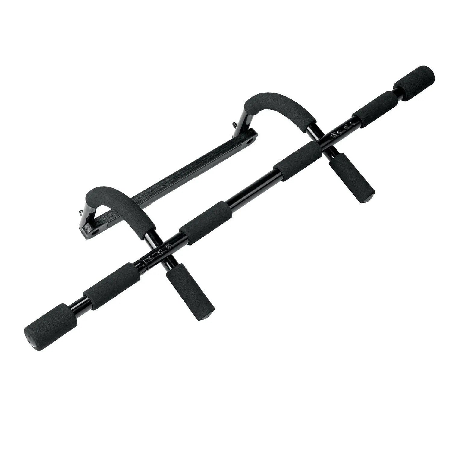 Black indoor pull-up bar fitness equipment with steel construction and tension bar