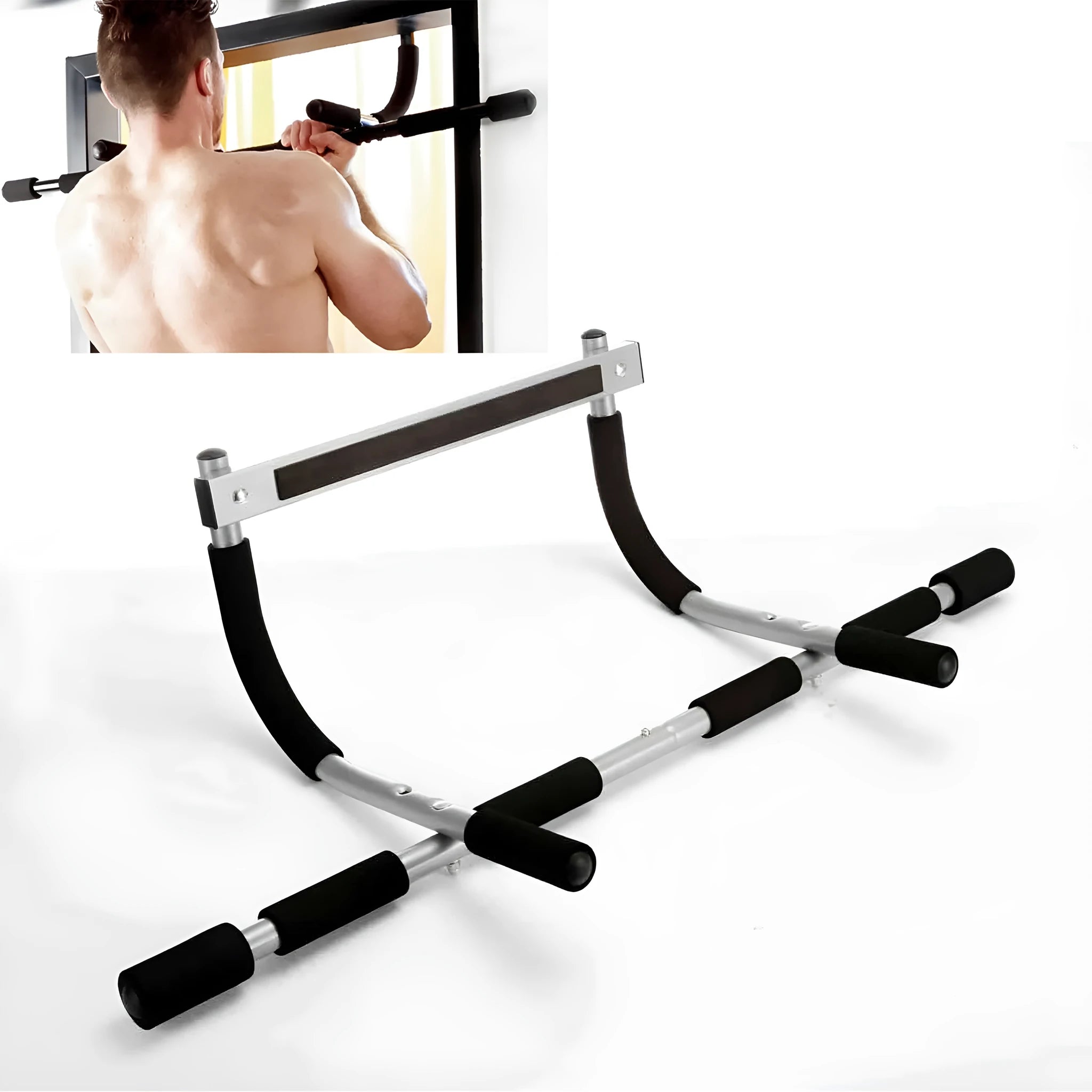 Black indoor pull-up bar fitness equipment with steel construction and tension bar