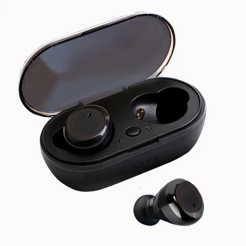 True wireless Bluetooth earbuds in black with red accent, showing earplug design with no connecting cable