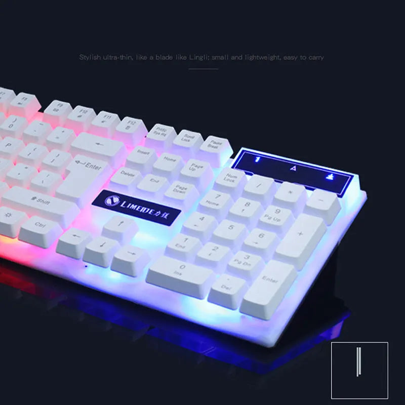 GTX300 black and white gaming keyboard and mouse set with backlit lighting on desk
