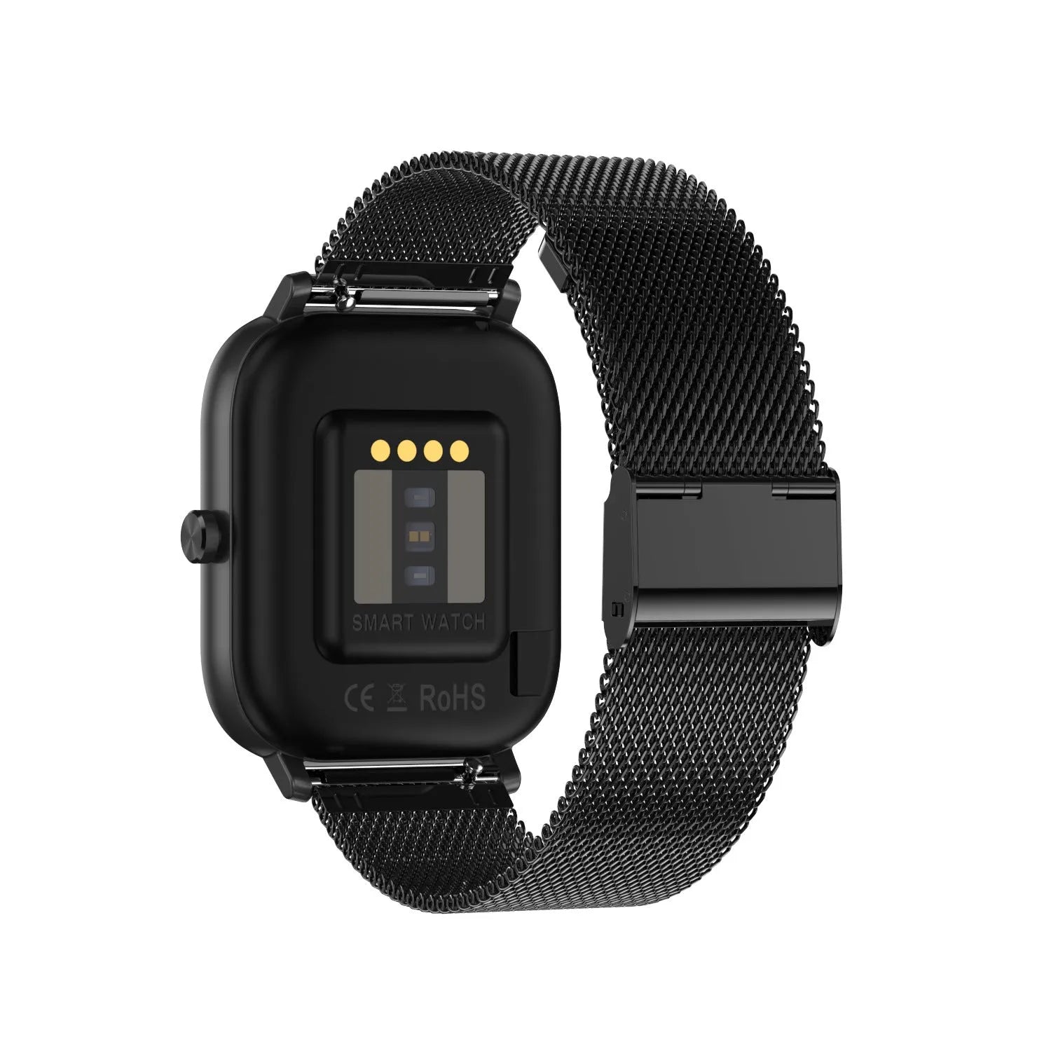 Smart bracelet with touch screen displaying health stats, shown with silicone and mesh steel strap options.
