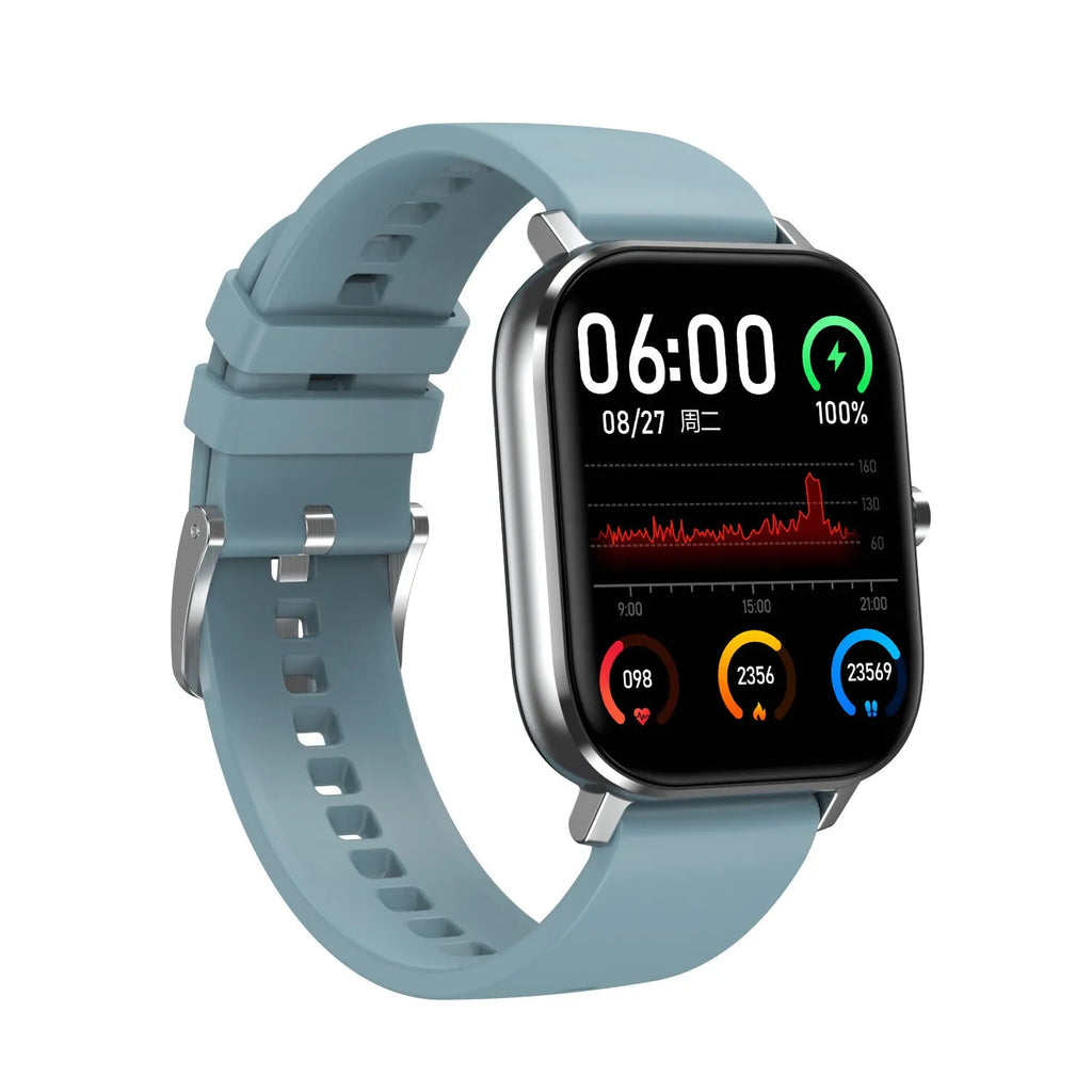Smart bracelet with touch screen displaying health stats, shown with silicone and mesh steel strap options.
