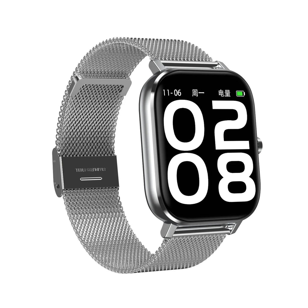 Smart bracelet with touch screen displaying health stats, shown with silicone and mesh steel strap options.