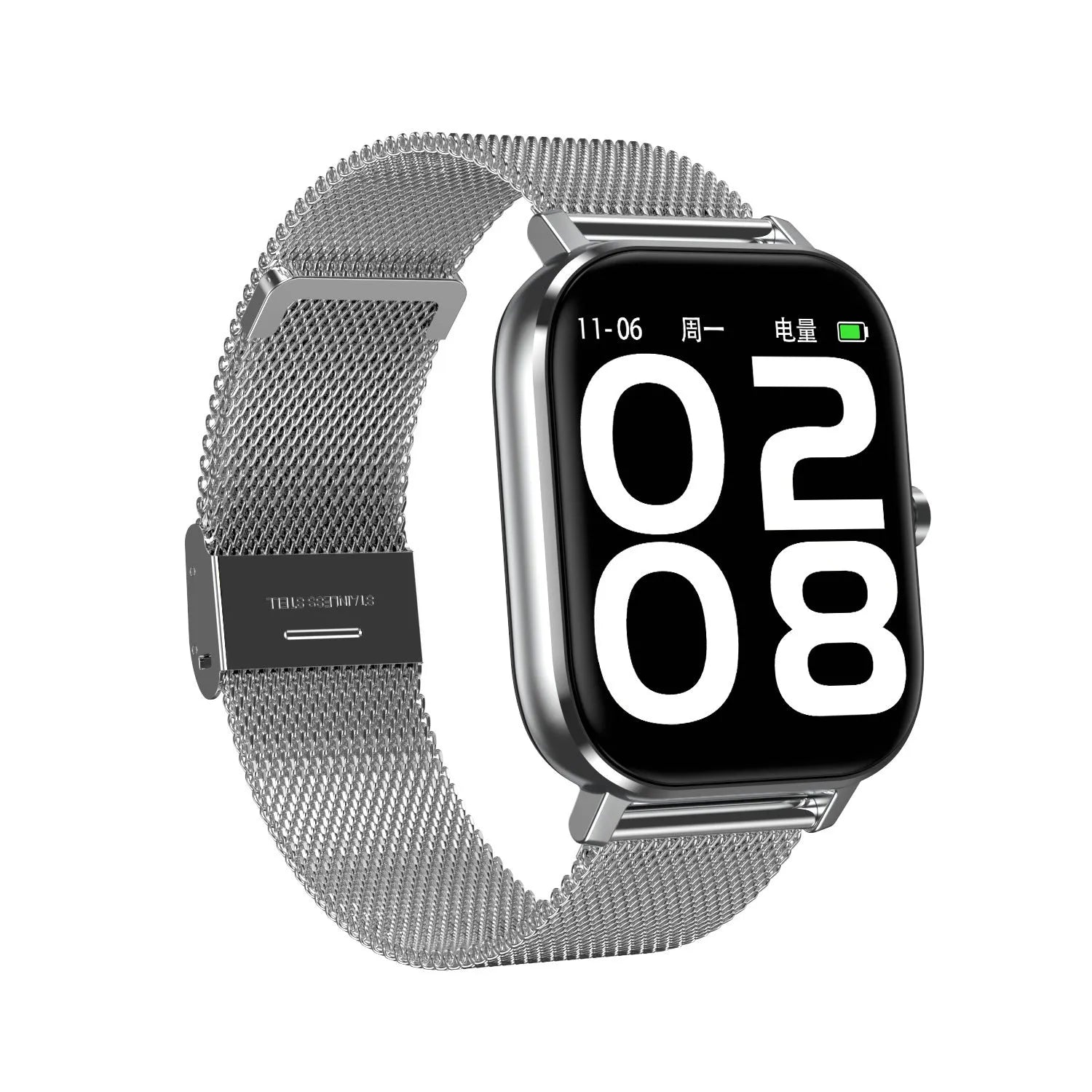 Smart bracelet with touch screen displaying health stats, shown with silicone and mesh steel strap options.