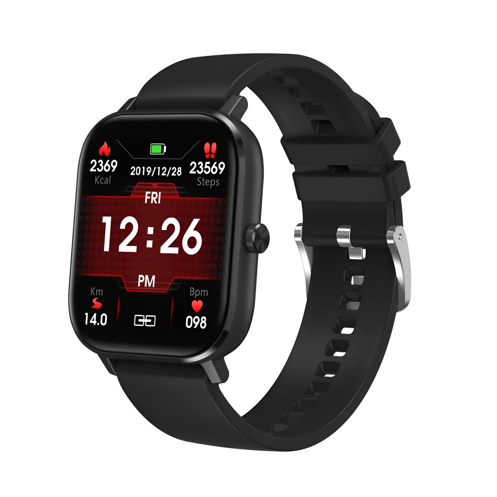 Smart bracelet with touch screen displaying health stats, shown with silicone and mesh steel strap options.