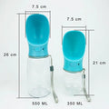 Portable dog and cat water bottle with food grade ABS sink, transparent PC cup, and silicone sealing ring in blue.