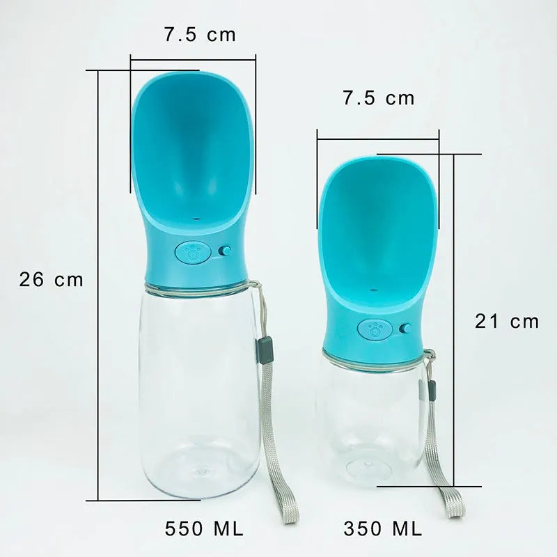 Portable dog and cat water bottle with food grade ABS sink, transparent PC cup, and silicone sealing ring in blue.