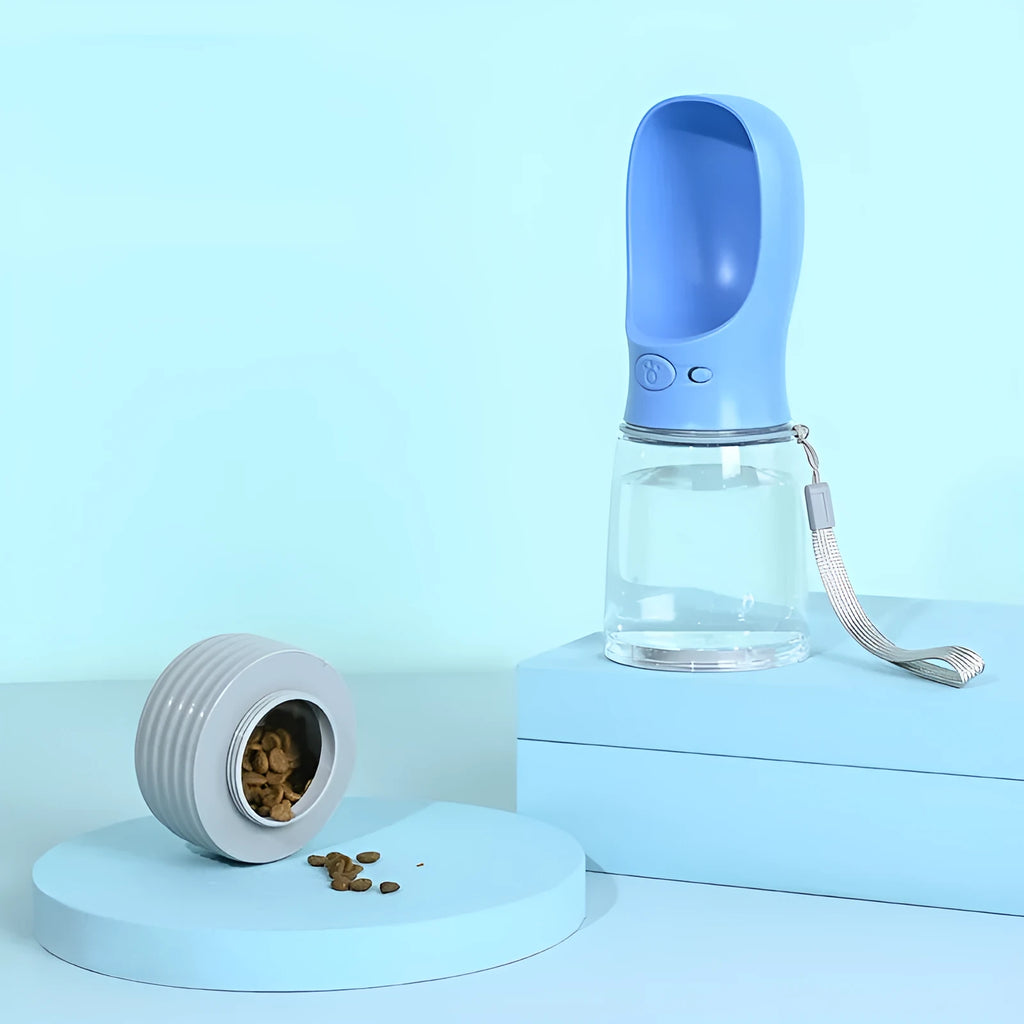 Portable dog and cat water bottle with food grade ABS sink, transparent PC cup, and silicone sealing ring in blue.
