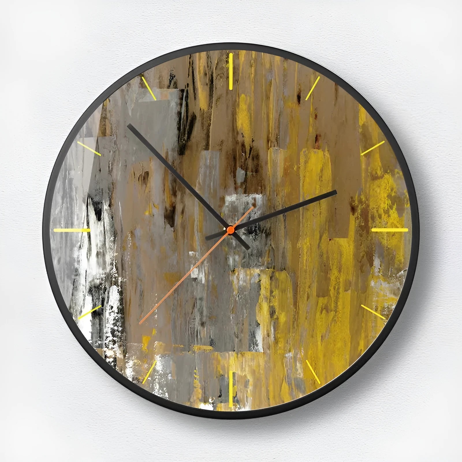 Round abstract art wall clock with metal case and black design options in 12 and 14 inch sizes