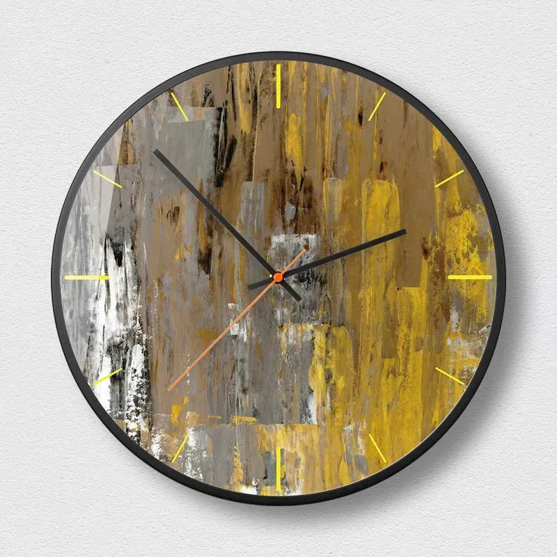 Round abstract art wall clock with metal case and black design options in 12 and 14 inch sizes