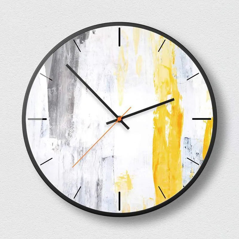 Round abstract art wall clock with metal case and black design options in 12 and 14 inch sizes