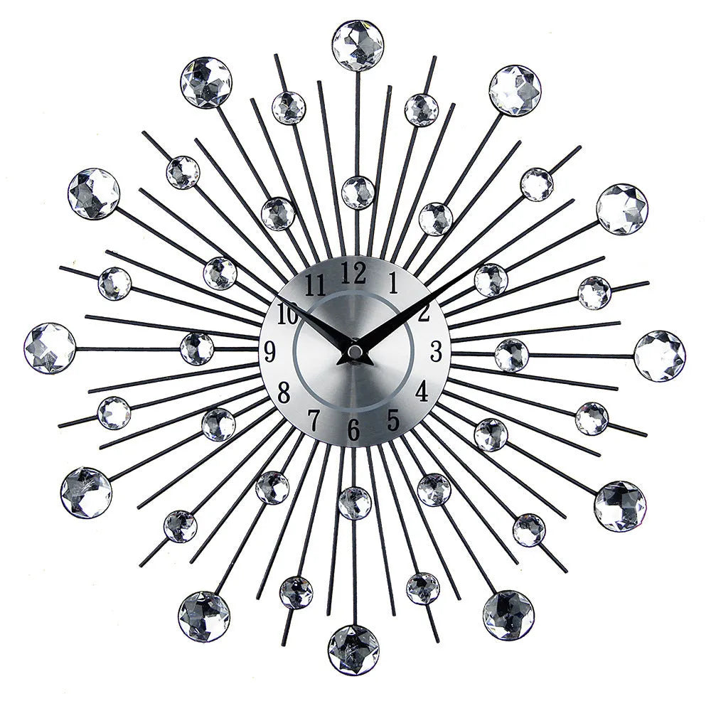 Large silver metal round wall clock with numeric display and silent quartz movement
