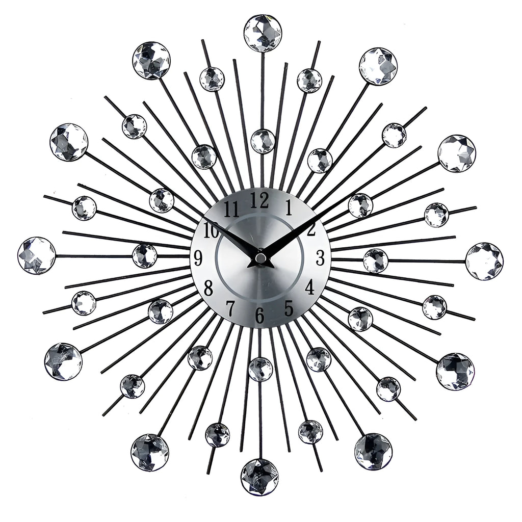 Large silver metal round wall clock with numeric display and silent quartz movement