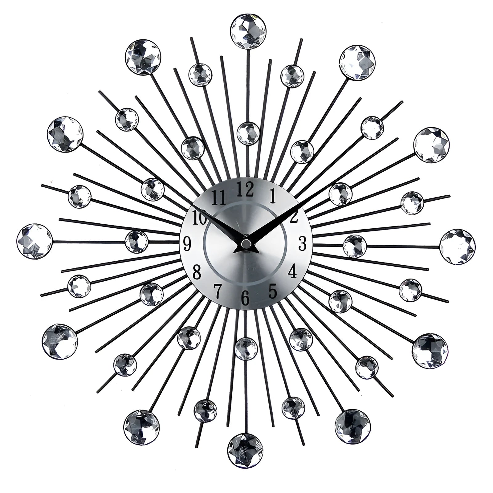 Large silver metal round wall clock with numeric display and silent quartz movement
