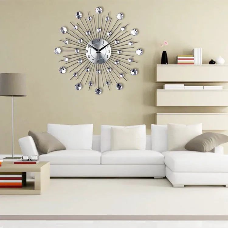 Large silver metal round wall clock with numeric display and silent quartz movement