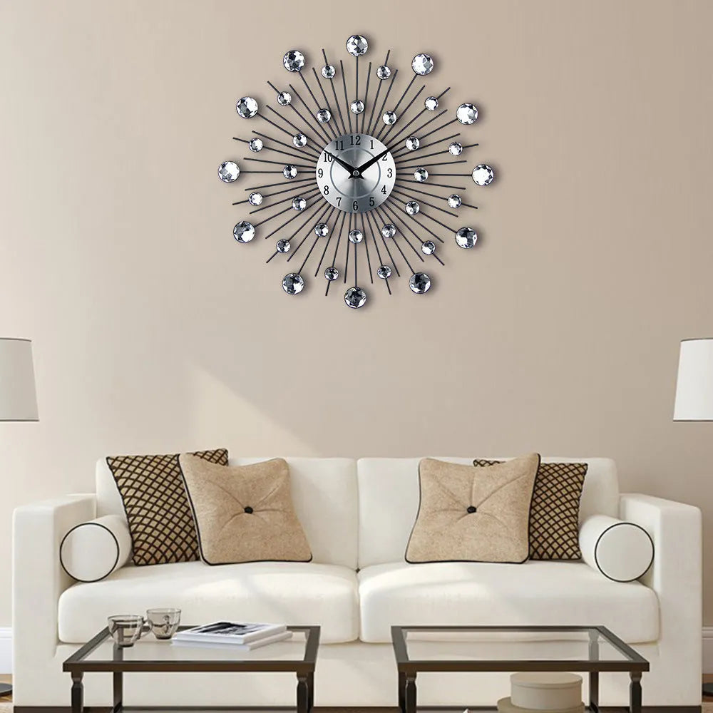 Large silver metal round wall clock with numeric display and silent quartz movement