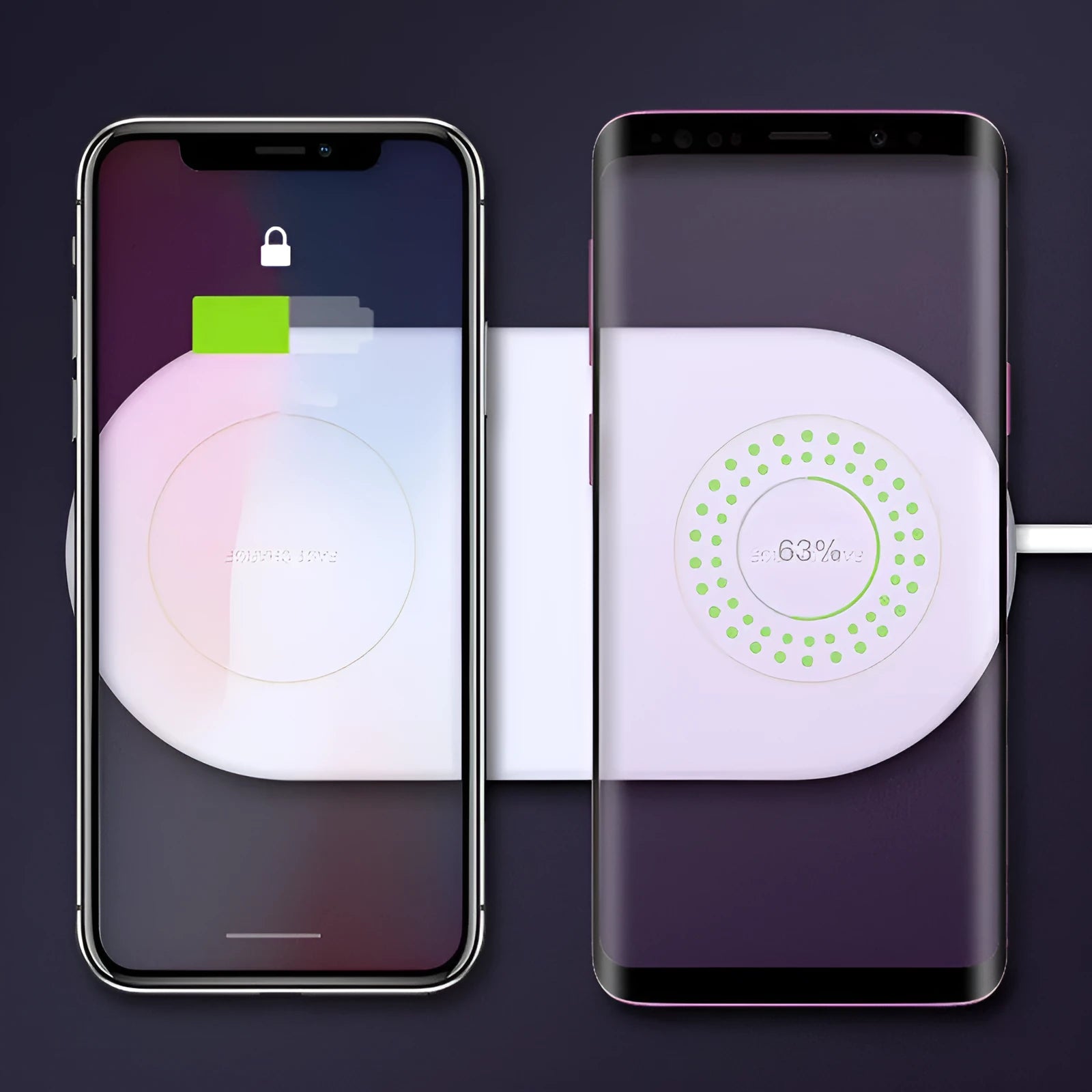 White dual wireless phone charger showing two phones charging simultaneously on minimalist charging pad