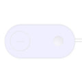 White dual wireless phone charger showing two phones charging simultaneously on minimalist charging pad