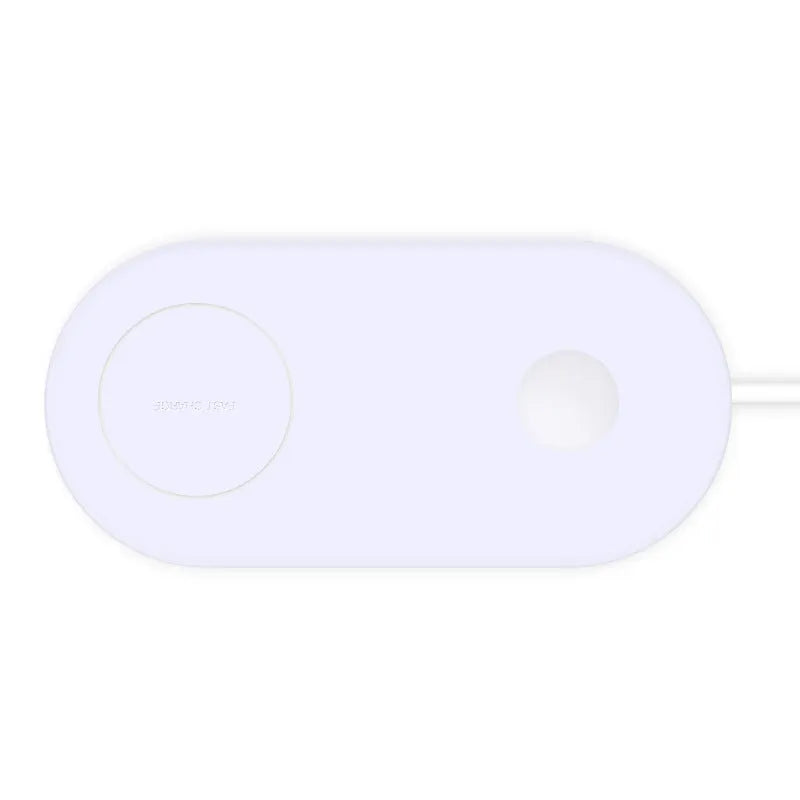 White dual wireless phone charger showing two phones charging simultaneously on minimalist charging pad
