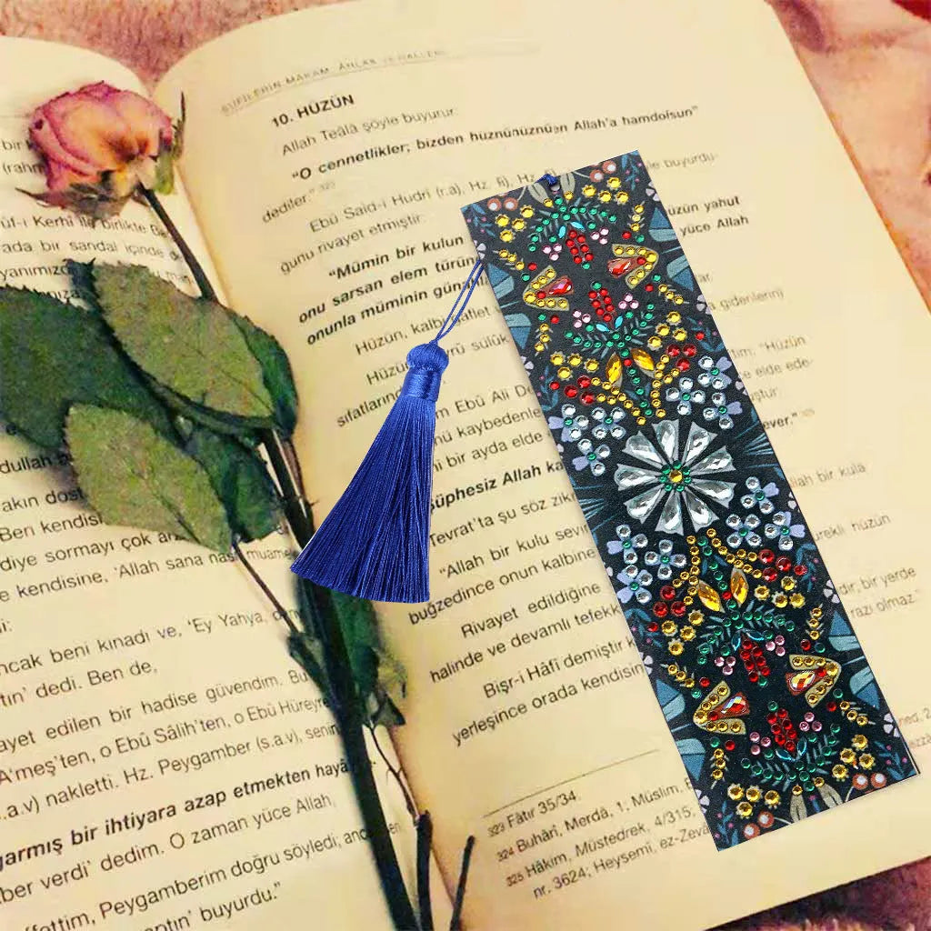 Leather bookmark with diamond embroidered mandala flower pattern handmade craft ornament
