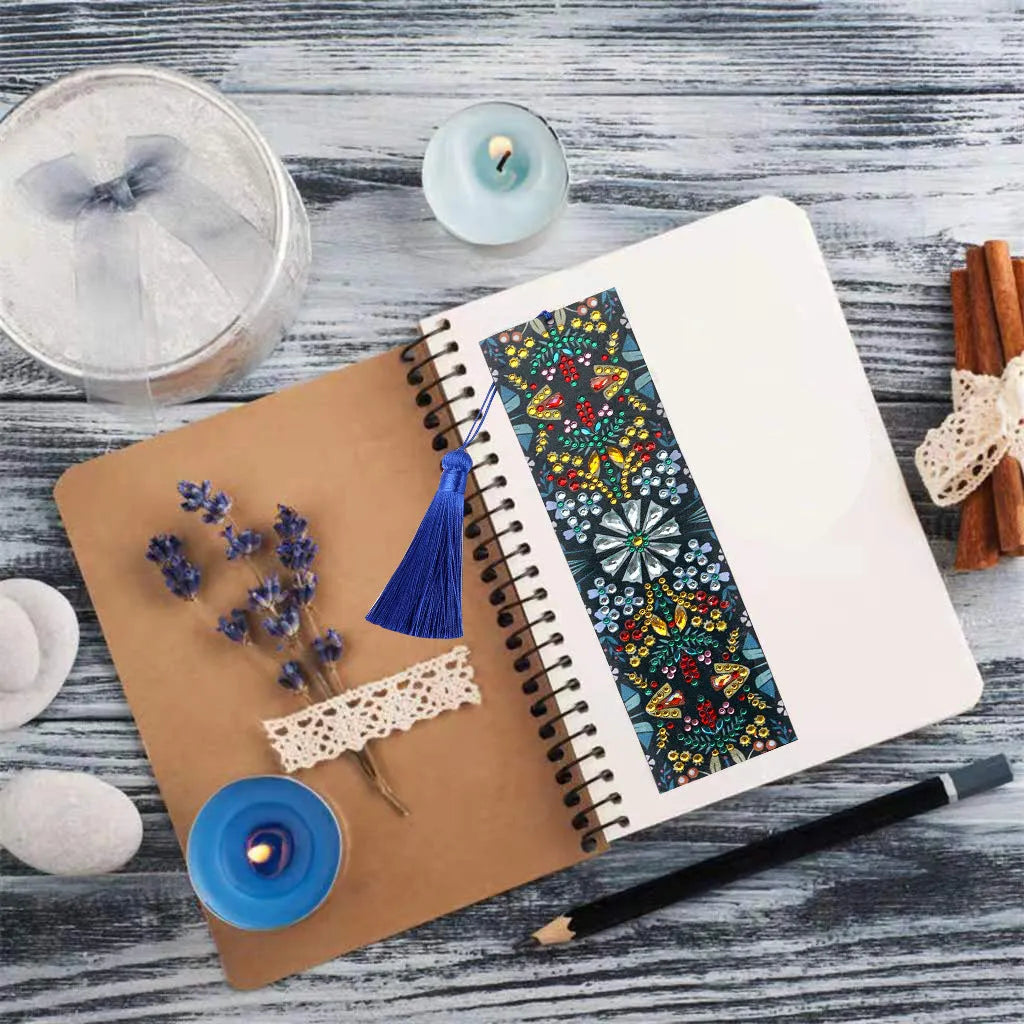 Leather bookmark with diamond embroidered mandala flower pattern handmade craft ornament