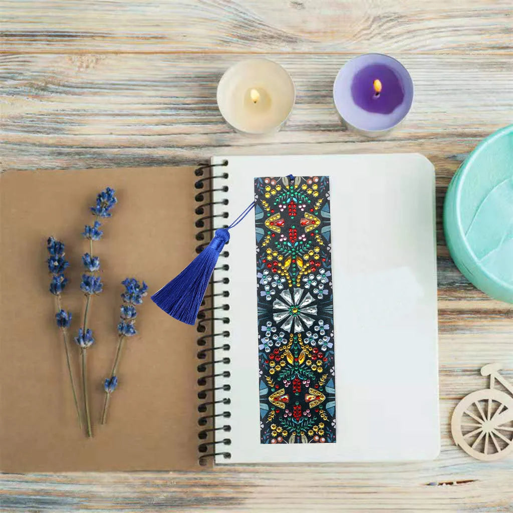 Leather bookmark with diamond embroidered mandala flower pattern handmade craft ornament
