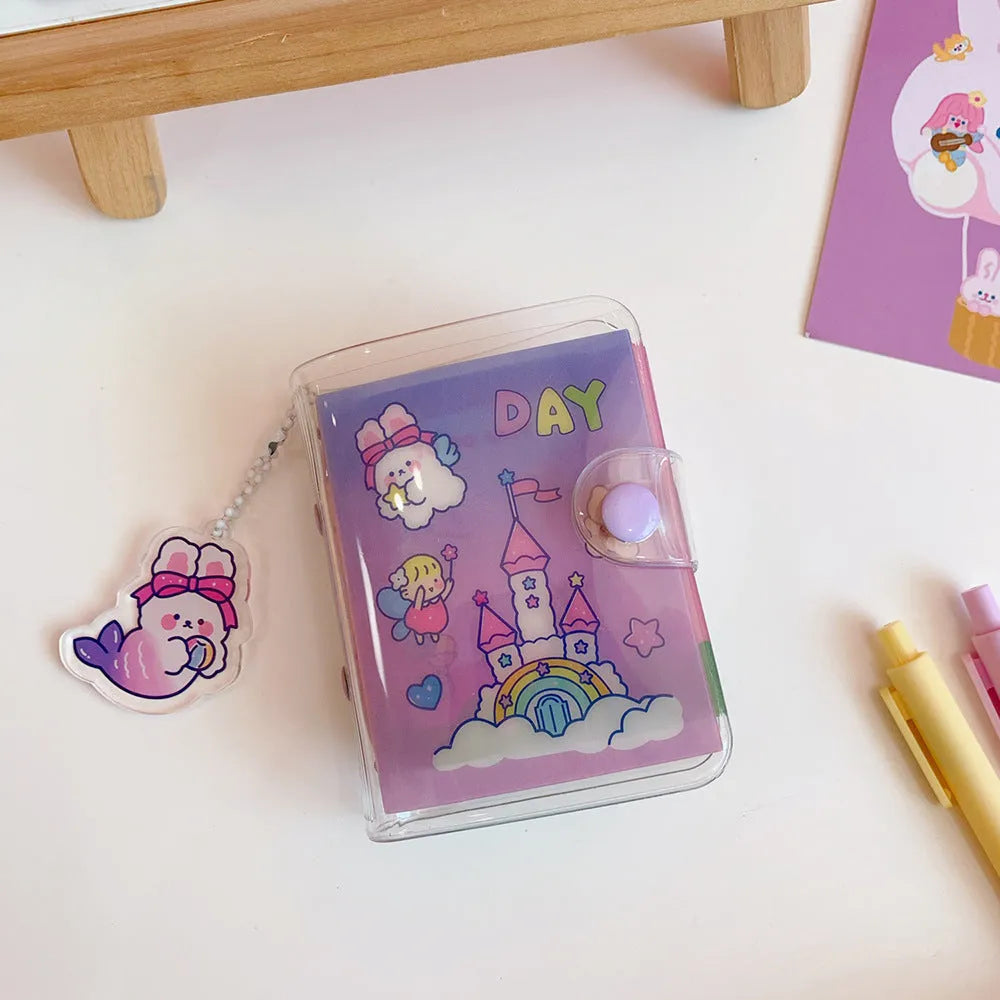 Japanese-style hand ledger notebook with loose-leaf pages showing cute girl heart decorative designs