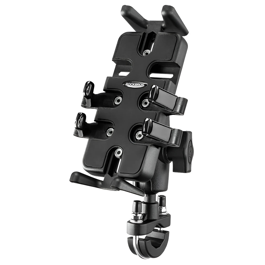Black nylon motorcycle and bicycle phone navigation bracket with U-shaped handlebar clamp